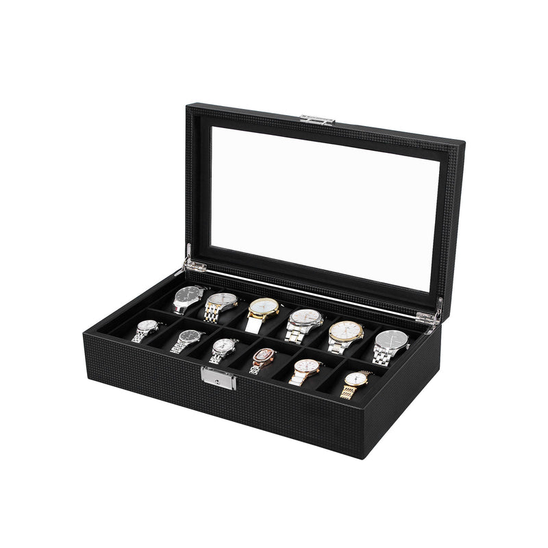 Watchbox - avec 12 compartiments - grande boîte de montre - avec couvercle en verre - noir