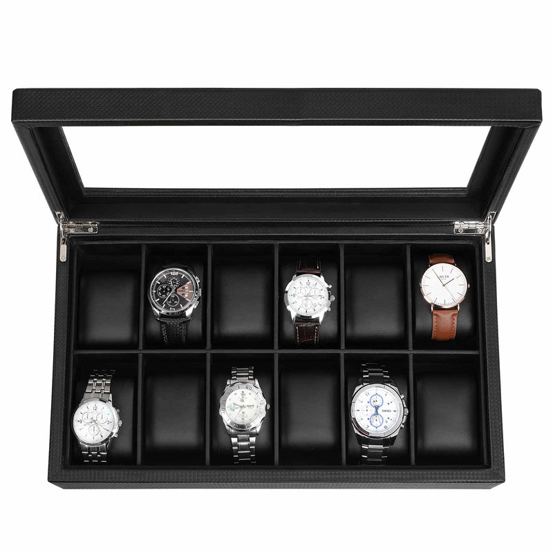 Watchbox - avec 12 compartiments - grande boîte de montre - avec couvercle en verre - noir