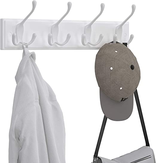 Wall Coat Rack - 4 Triple Coat Hooks - Coat Rack Hooks - White