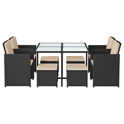 Garden Furniture Set Set of 9 - Polyrattan - Uteplatsmöbler - Svart / beige