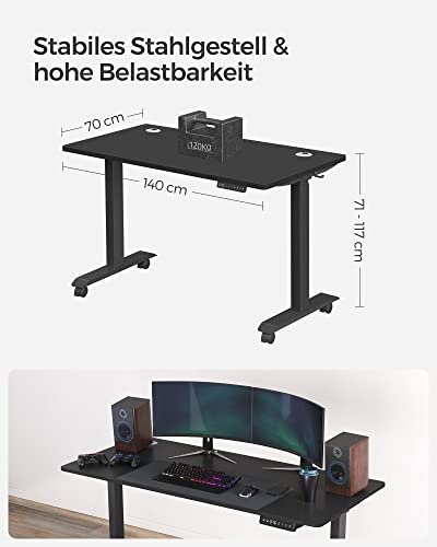 Hauteur -To -be Desk - Bureau électrique - tablette 70 x 140 cm - Double Motor - STEPLESS Réglable - Fonction de mémoire avec 4 hauteurs - avec roues - noir