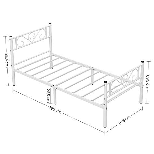 Trame de lit - Cadre de lit simple - Cadre en métal - Convient à 90 x 190 cm Matelas - Blanc