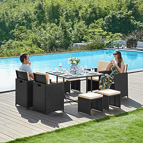 Set de mobilier de grădină set de 9 - Polyrattan - Mobilier de terasă - negru / bej