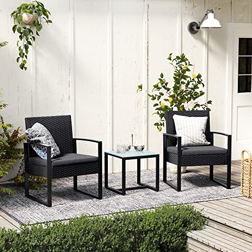 Mobilier de balcon - set de lounge - set de mobilier de grădină - set de 3 - 2 scaune - masă de sticlă - negru