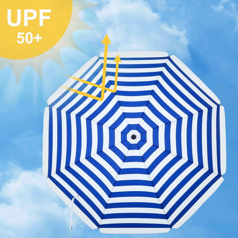 Parasol - Voor strand - Tuinscherm - Uv-bescherming tot UPF 50+ - Kantelbaar - Met draagtas - Gestreept blauw, wit