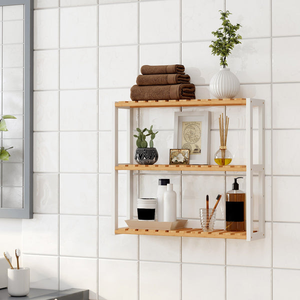 Rack de salle de bain avec étagères réglables - bambou - naturel / blanc