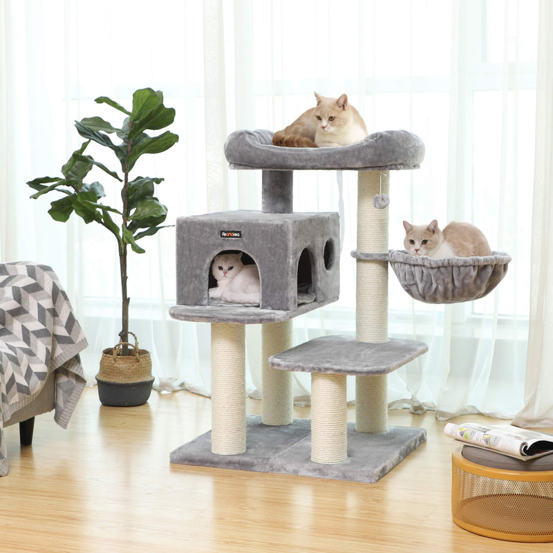 Scratching Post - avec plate-forme - avec grotte - Cat Sleeping Place - 112 cm - Gris clair