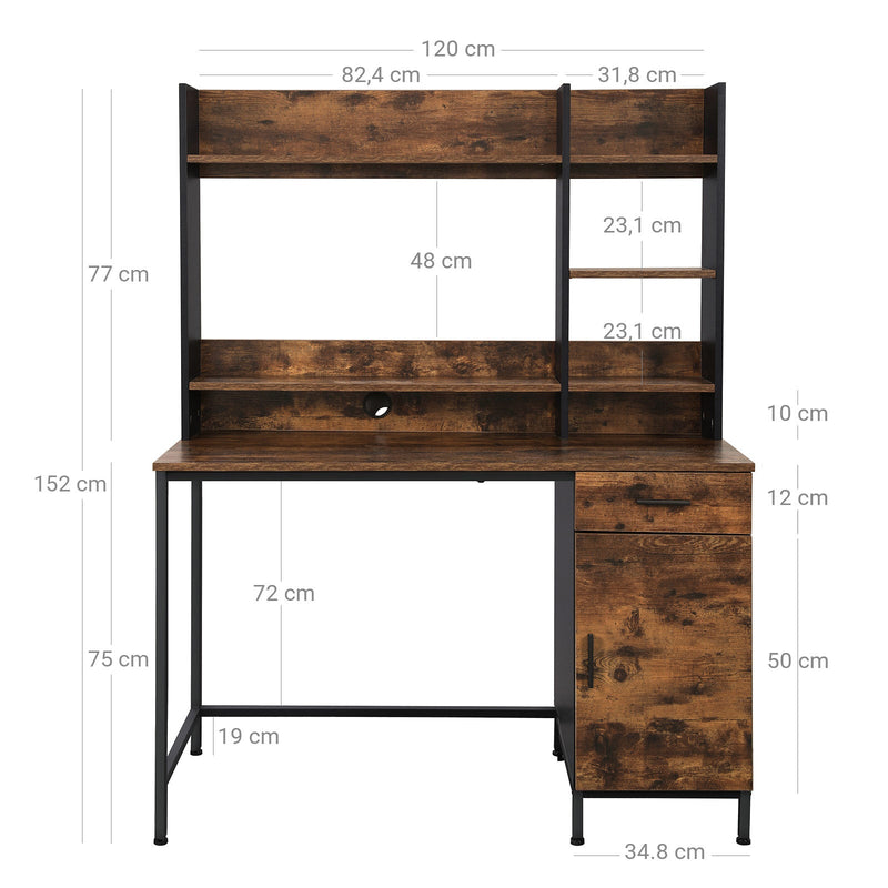 Computerbureau - Bureau - Met Ladeblok - Met Wandkast - Metalen frame - Bruin zwart