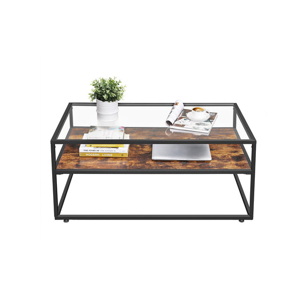 Table basse - table basse avec surface en verre - table en verre - salon - brun vintage / noir