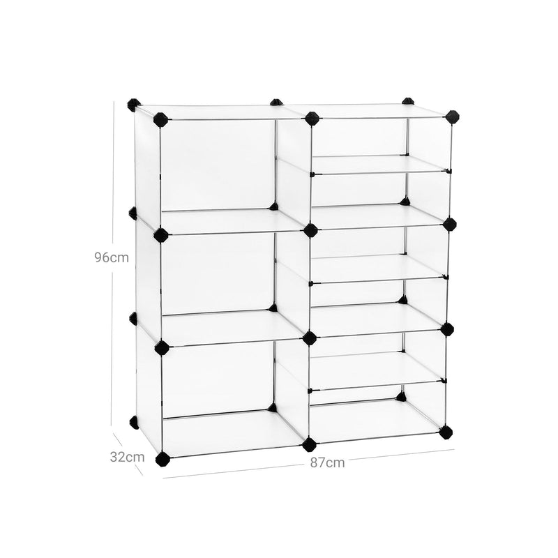 Rack pentru încălțăminte - sistem de rafturi - cu cârlige și partiții - plastic - transparent