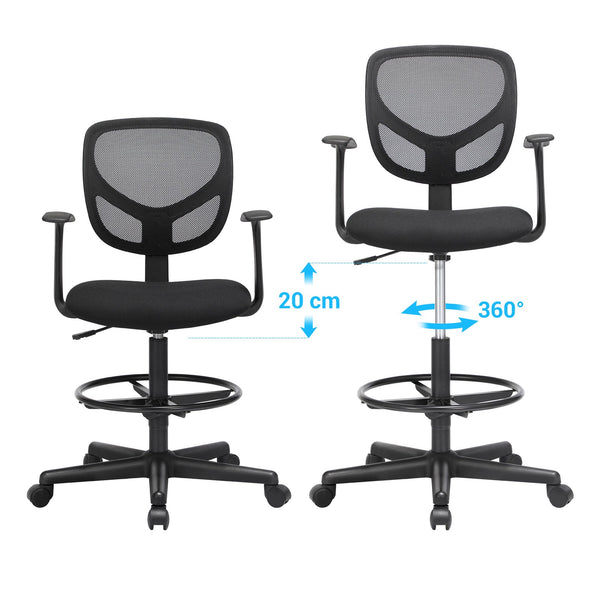 Chaise de bureau ergonomique - chaise informatique - tabouret de travail - avec accoudoirs - avec reproche - noir