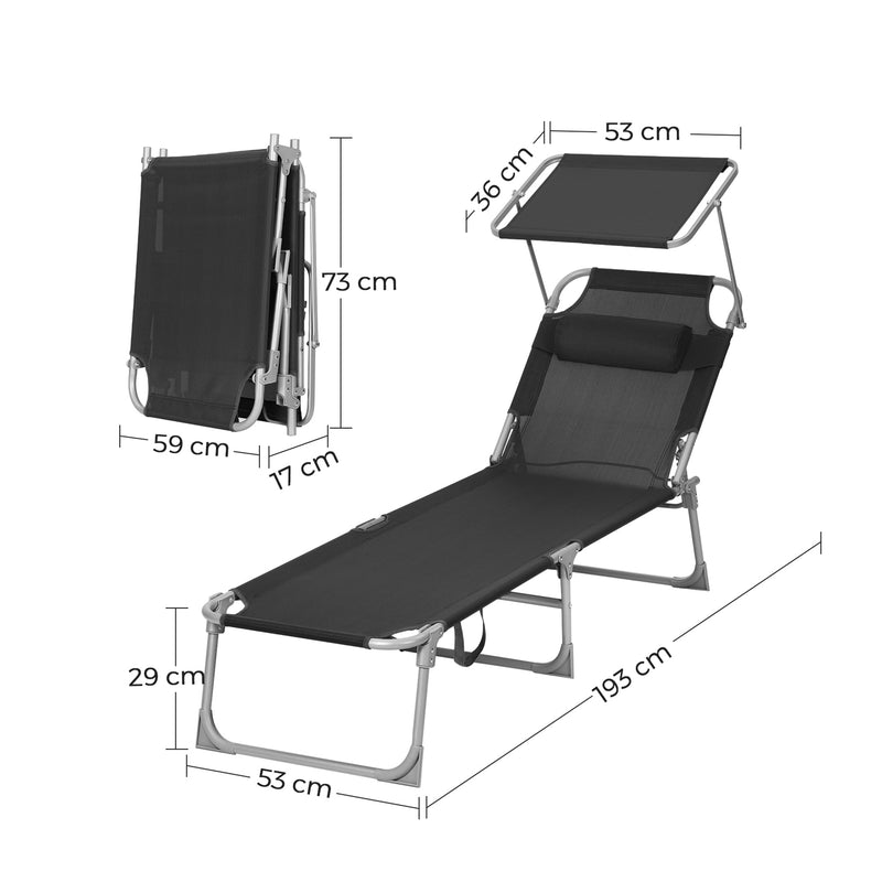 Sunter - Lounger - Loungebed - med nakkestøtte - med Sun Hood - Sort