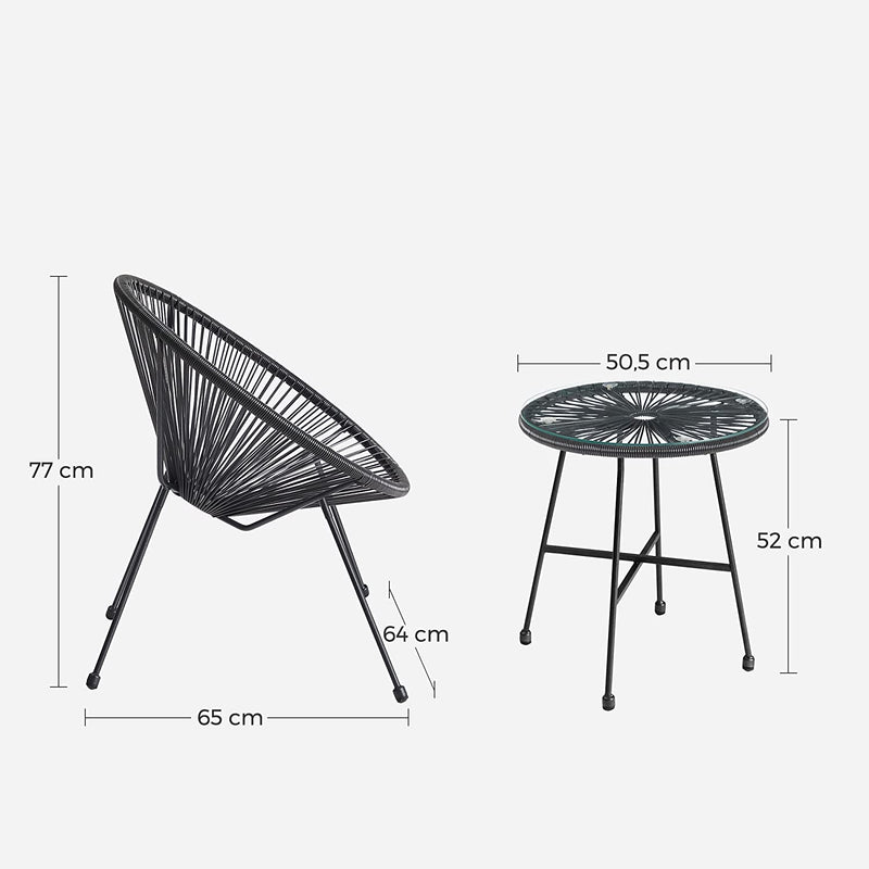 Mobilier de balcon - Set de mobilier de grădină - Mobilier de terasă - Set de 3 - Top de masă din sticlă - 2 scaune - Negru