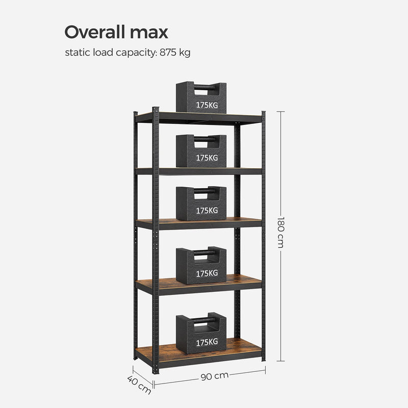 Rack de rangement avec 5 étagères - étagères réglables - 180 x 90 x 40 cm - jusqu'à 875 kg de capacité de chargement