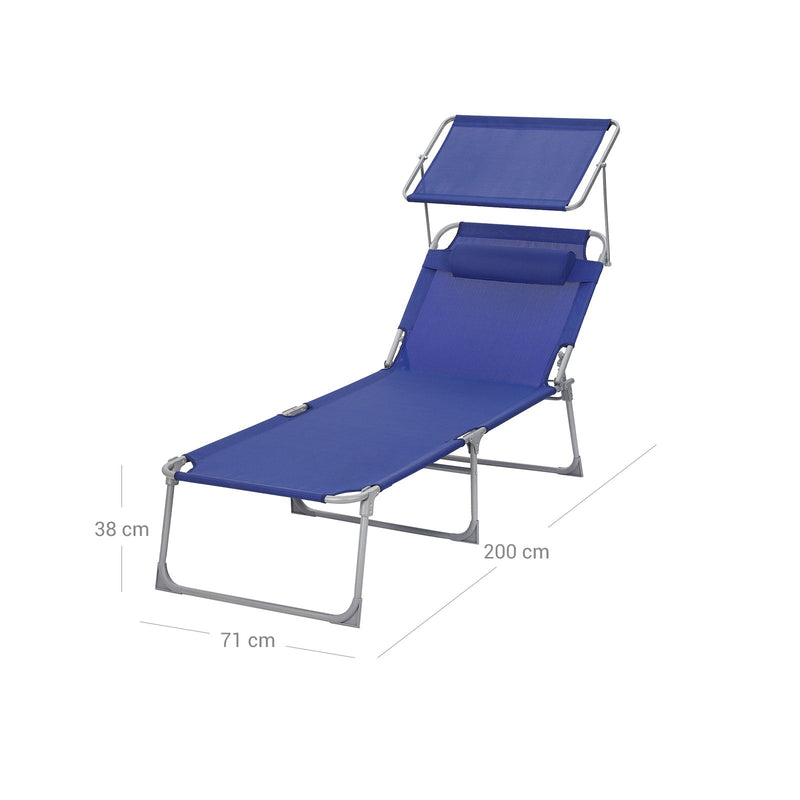 Lit solaire - Lounger - Chaise de jardin - Extra grande - 71 x 200 x 38 cm - calble jusqu'à 150 kg - avec appui-tête et canopée - dossier réglable - pliage - bleu