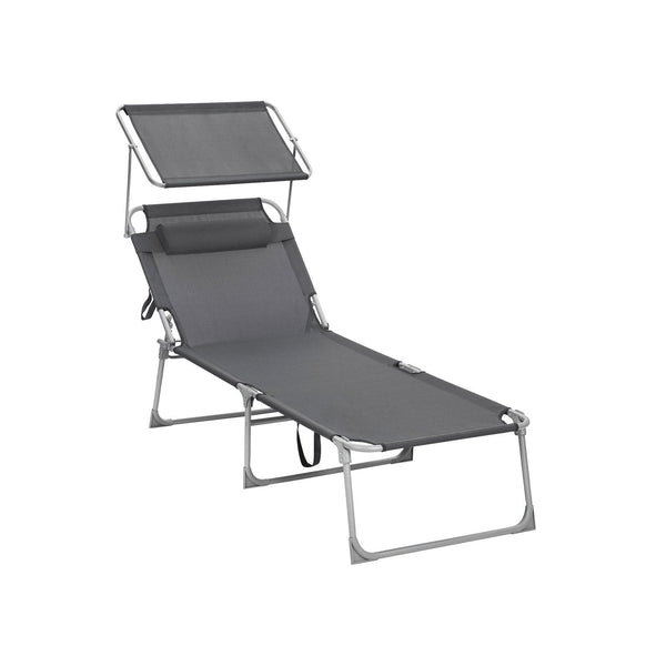 Solstenge - Lounger - Havestol - Ekstra stor - 71 x 200 x 38 cm - Skattepligtig op til 150 kg - med nakkestøtte og baldakin - Grå