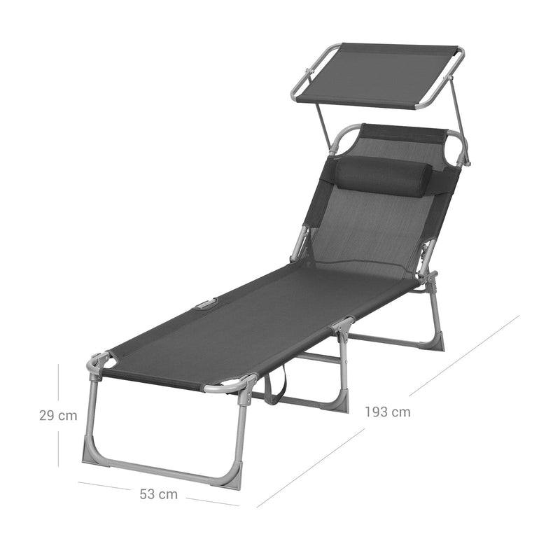 Havestol - Lounge stol - solsenge - med soltag - ryglænet justerbar - grå