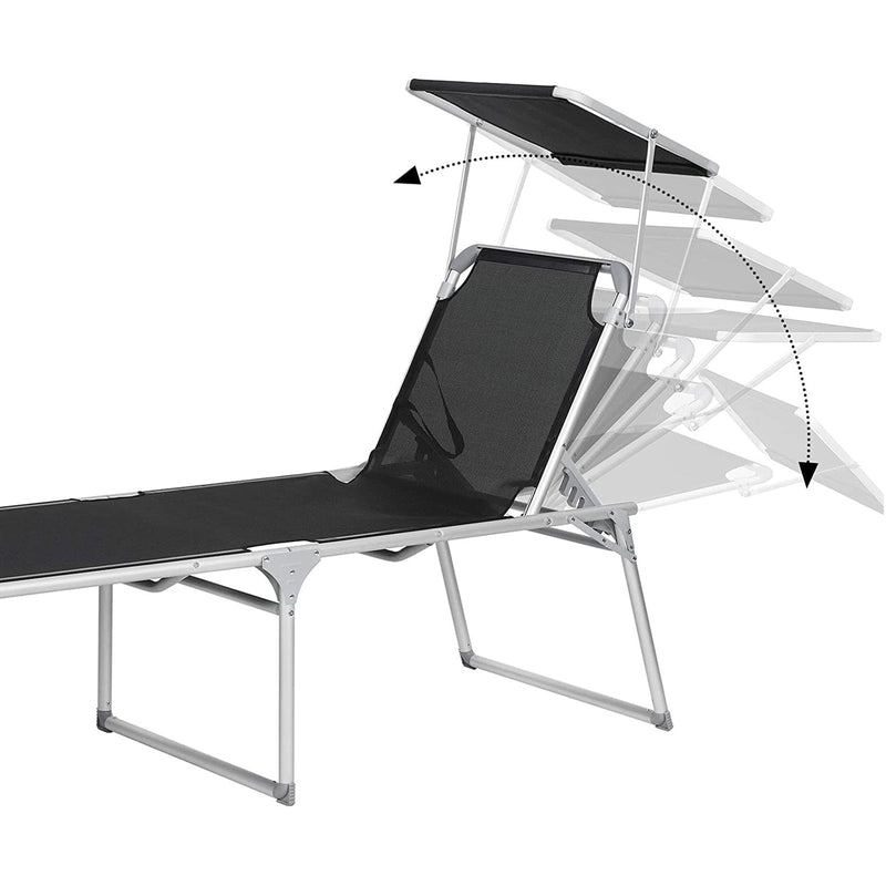 Lounger - Scaun de grădină - 65 x 200 x 48 cm - capacitate de până la 150 kg - cu baldachin de soare - spătar - negru