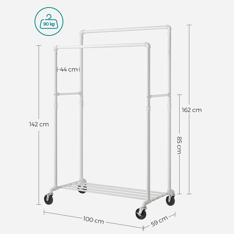 Kledingrek - Mobiele garderobestandaard - Voor zware lasten - Tot 110 kg belastbaar - industrieel design - Met 2 kledingstangen - Wit