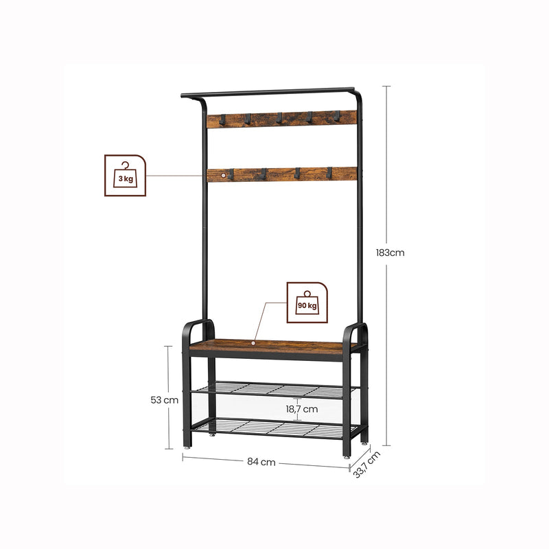 Coat Rack - Sko rack med siddepladser - tøjstativ med 9 aftagelige kroge - bænk - 2 gasboller