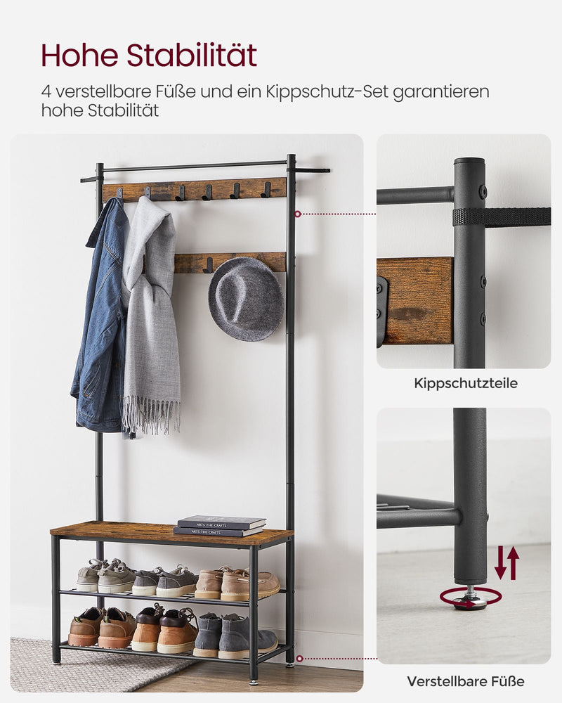 Coat Rack - Sko rack med siddepladser - tøjstativ med 9 aftagelige kroge - bænk - 2 gasboller