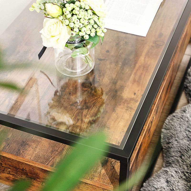 Table basse - table de salon - table en verre - avec tiroirs - brun vintage / noir