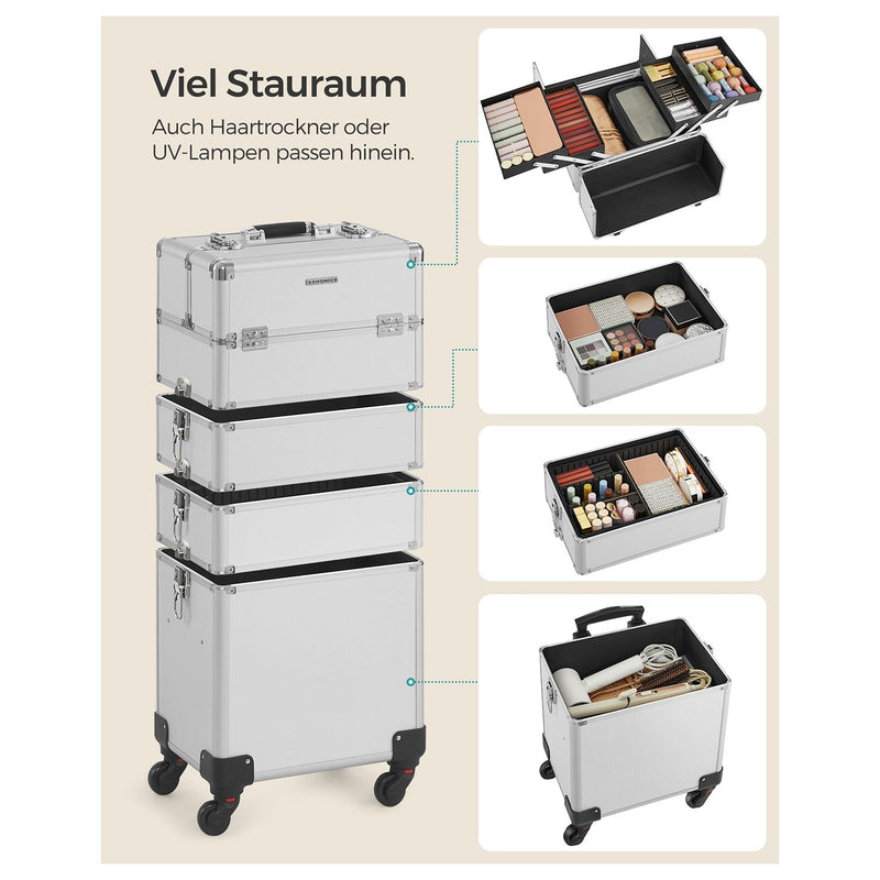 Kosmetisk sag med Wheels-Trolley 4-i-1 Makeup Case-Silver