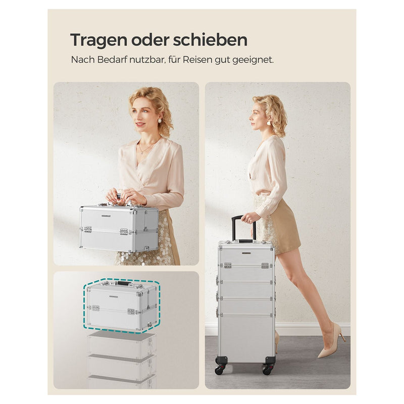 Kosmetiskt fodral med hjul-trolley 4-i-1 makeup case-silver