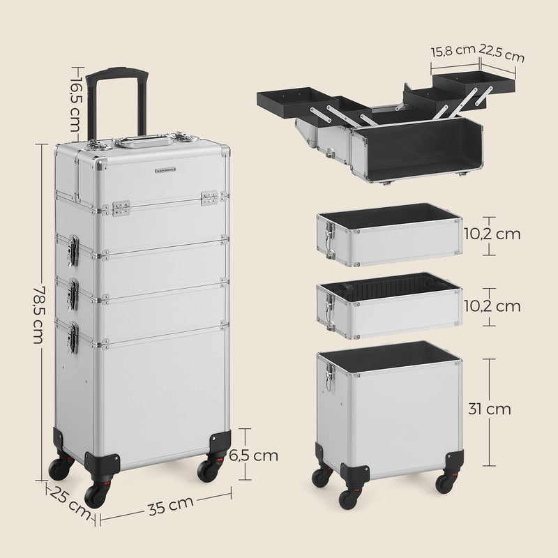 Kosmetisk sag med Wheels-Trolley 4-i-1 Makeup Case-Silver