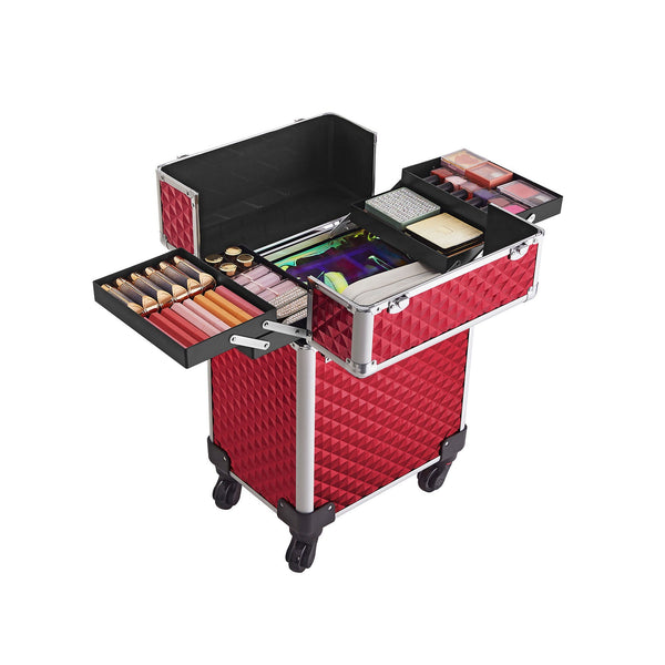 Cosmeticakoffer - Trolley - Make-upkoffer - Schmink-koffer - Met handgreep - Met 4  wielen - Roze