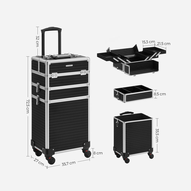 Make -Up Suftcase - Cosmetic Case, Large Trolley - With Wheels - Svart