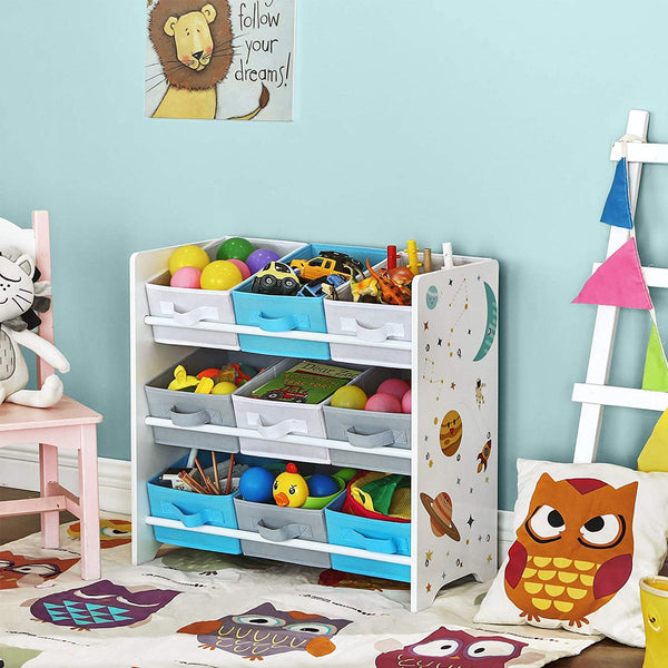 Knowamenkank - Organisateur de jouets - bibliothèque pour les enfants - avec 9 boîtes de rangement - Van Fleece - Room pour enfants - blanc / bleu