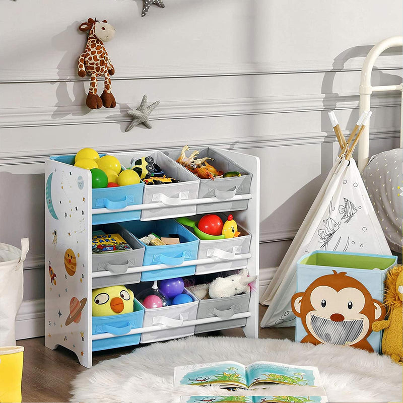 Knowamenkank - Organisateur de jouets - bibliothèque pour les enfants - avec 9 boîtes de rangement - Van Fleece - Room pour enfants - blanc / bleu