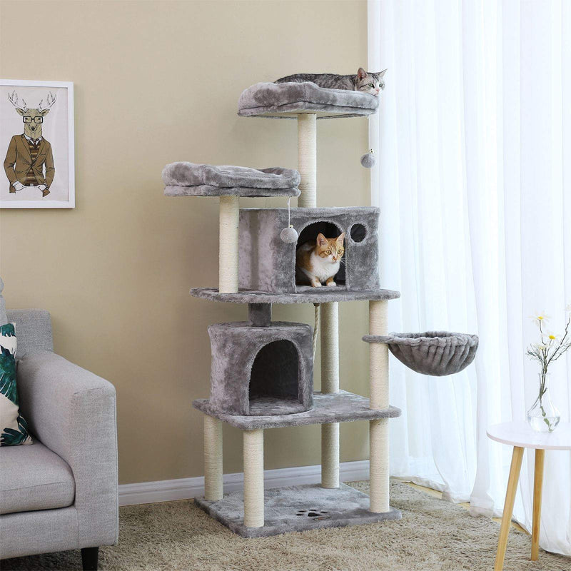 Scratching Post - Cat Sleeping Place - 152 cm - avec pelouse - avec plate-forme - 2 grottes - gris clair