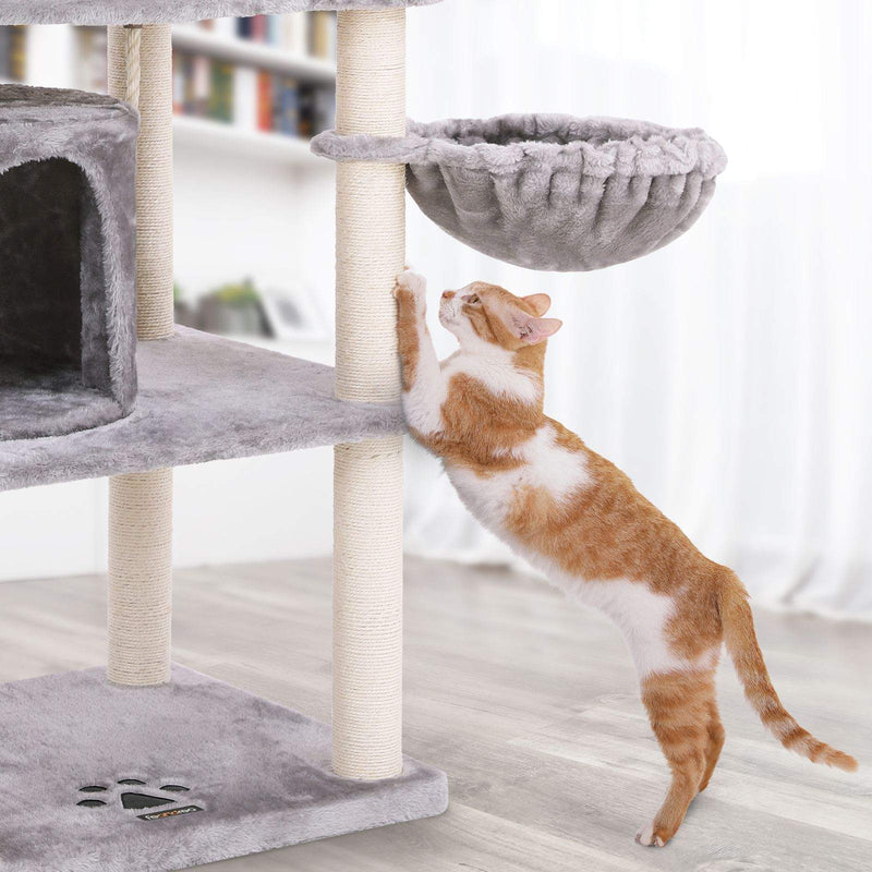 Scratching Post - Cat Sleeping Place - 152 cm - avec pelouse - avec plate-forme - 2 grottes - gris clair