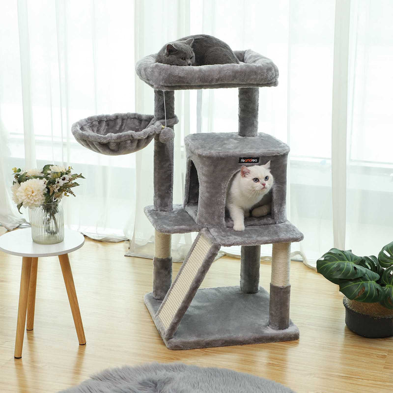 Cat Tree - med stor plattform - med grottan - Playhouse - klimboom för katter - grå