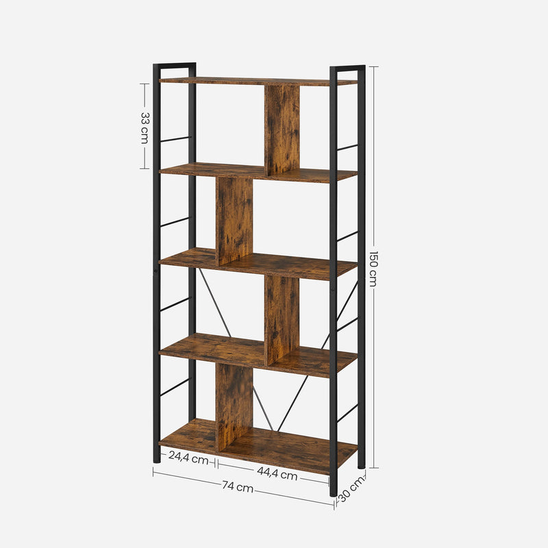 Boekenkast - Kantoorkast - Open vakken - Met 5 niveaus - Metalen frame - Bruin Zwart