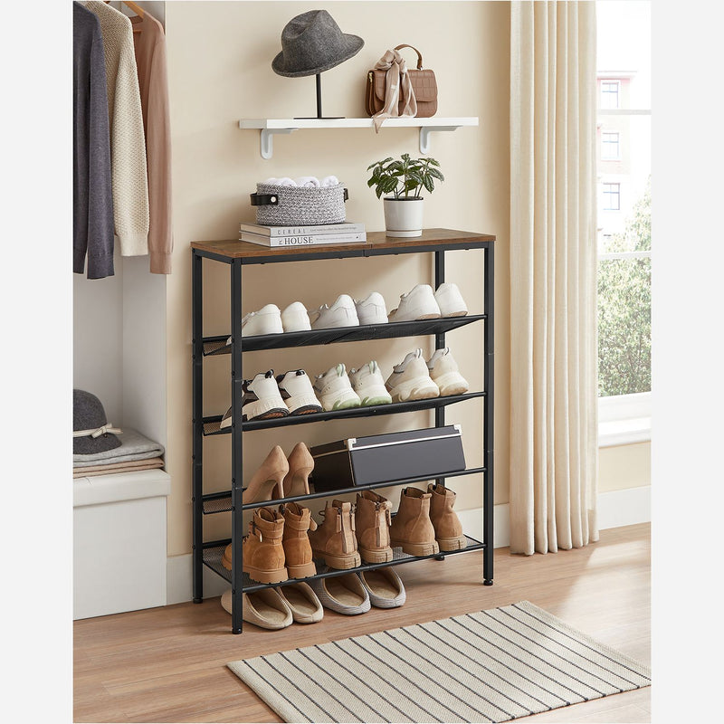 Shoe Rack med 5 nivåer och yta för väskor - Industrial - brun / svart