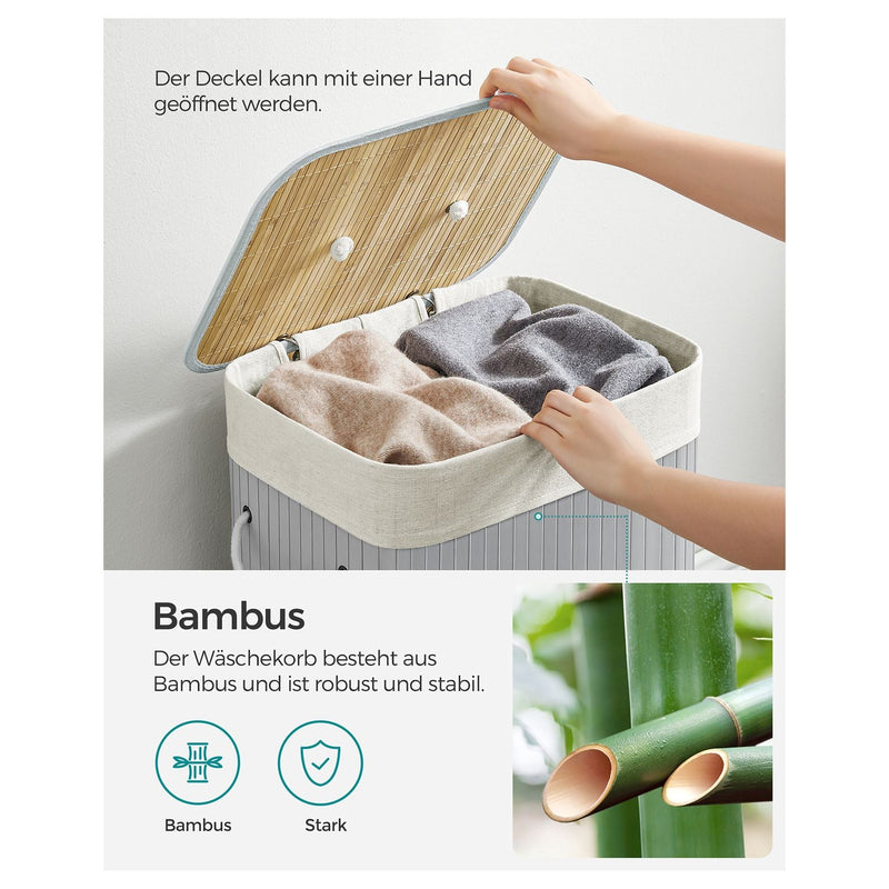 Bambu tvättkorg 72 liter - med lock - grått