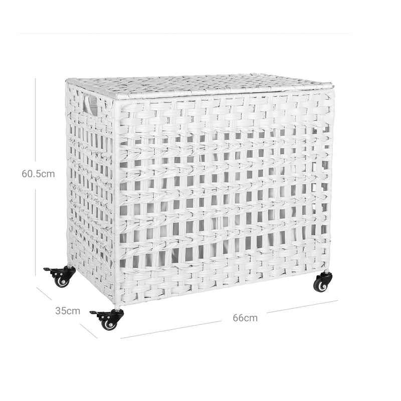 Coș de rufe de mână - cu capac - Coș de rufe - cu 3 compartimente separate - mânere - pungi de căptușeală detașabile - alb