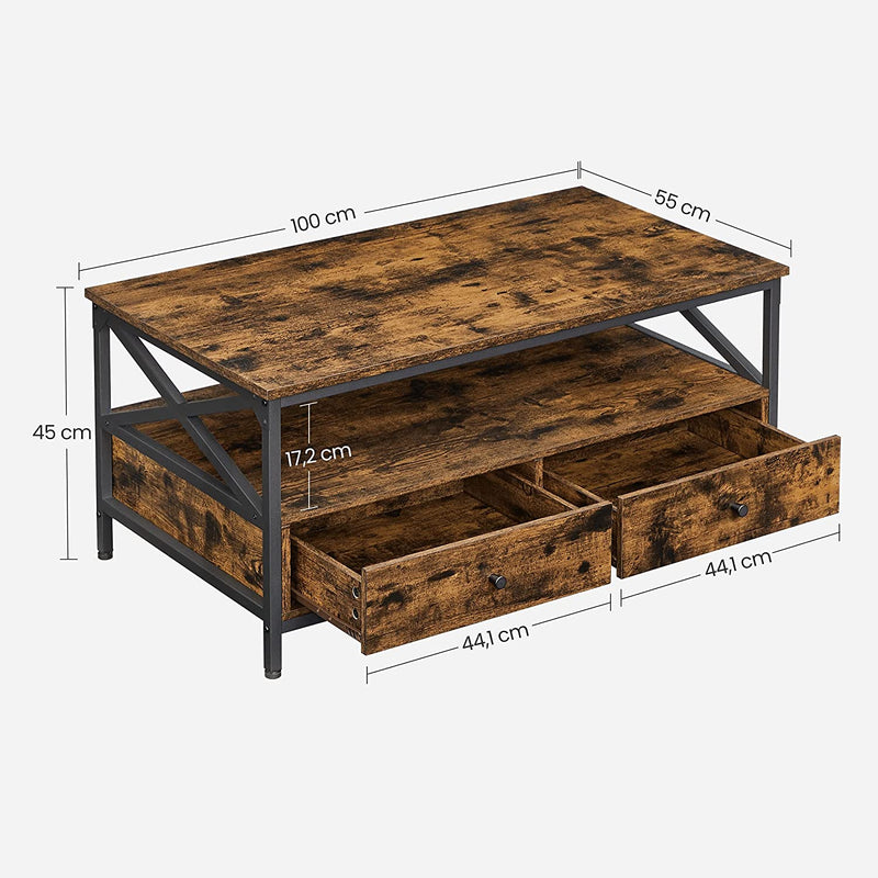 Salontafel - Woonkamertafel - Met laden - 100 x 55 x 45 cm - Sofatafel - Metalen frame - Bruin