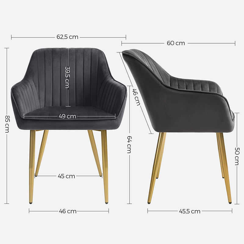 Eetkamerstoelen - Fauteuil - Gestoffeerde stoelen - Set van 6 - Met armleuningen - Metalen poten - Fluwelen bekleding - Grijs