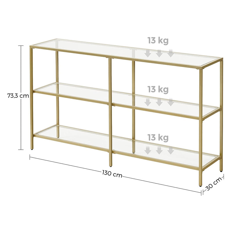 Konsolettipöytä - Pysäytä taulukko - 3 tasoa - sivupöytä - karkaistu lasihylly - 130 x 30 x 73,3 cm - metallikehys - moderni - kulta