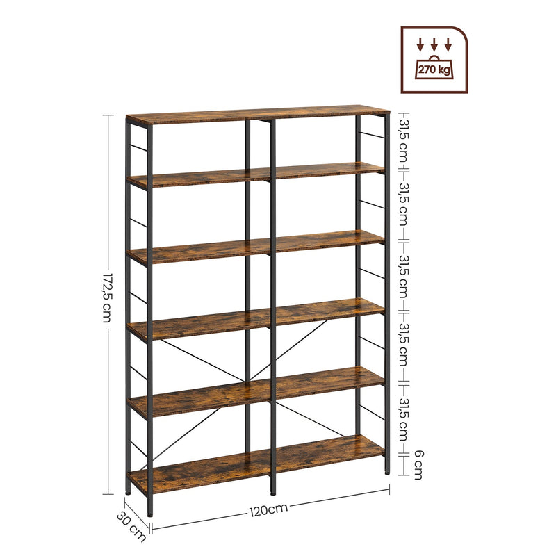 Bogreol - med 6 niveauer - 30 x 120 x 172,5 cm - brun -sort