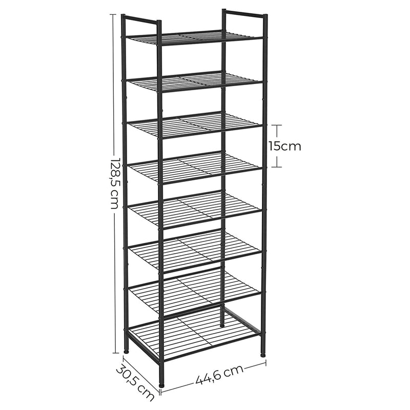 Sko rack - skoskab - med 8 niveauer - smal - til 16-24 par sko - metalstativ - sort