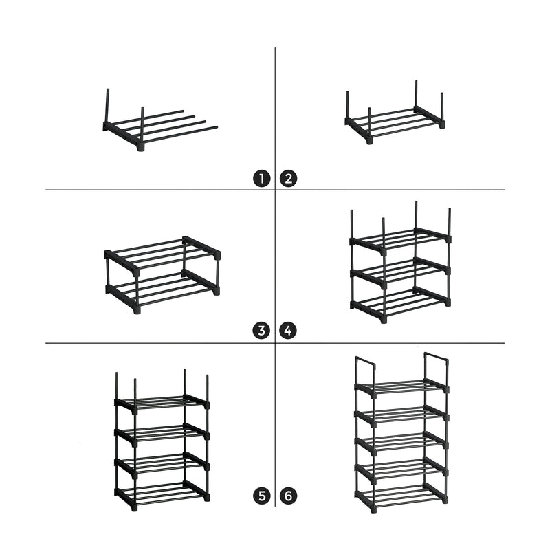 Schoenenrek - Schoenenkast - Met 5 niveaus - Metalen schoenenrek - Stapelbaar - Zwart