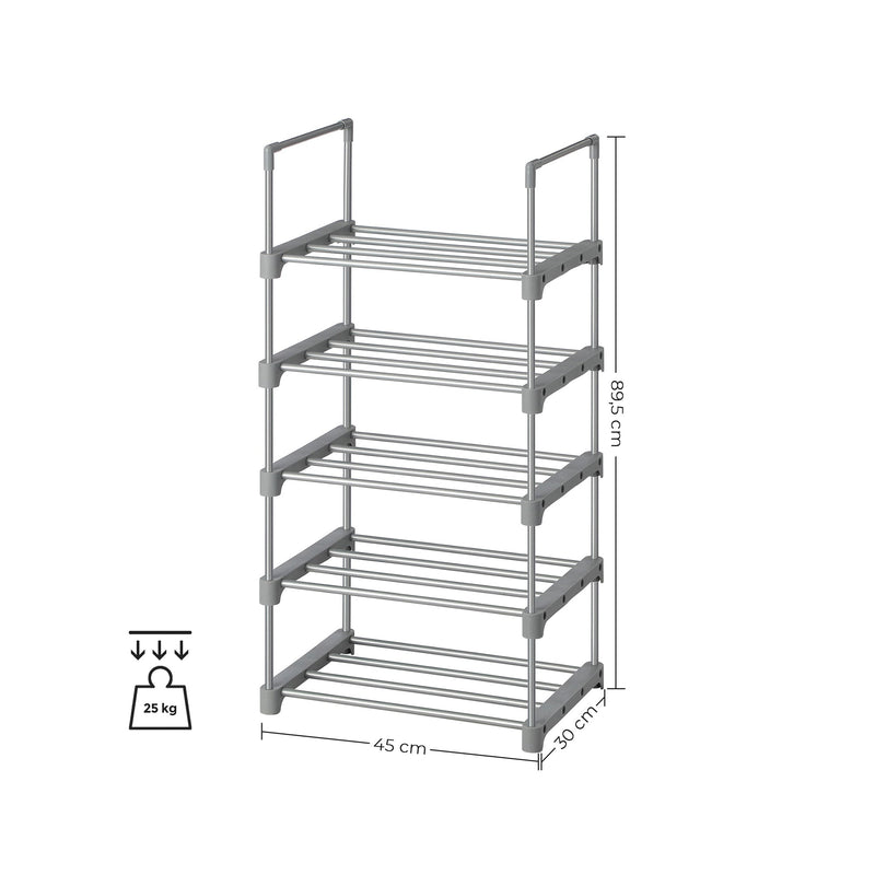 Schoenenrek - Met 5 niveaus - Metalen schoenenkast - Stapelbaar - Ruimtebesparend - Staande plank - Zilver