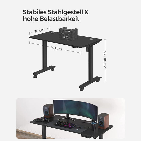 Hoogteverstelbaar bureau - Elektrisch bureau - Bureau - 70 x 140 cm - Traploos verstelbaar -  Zwart