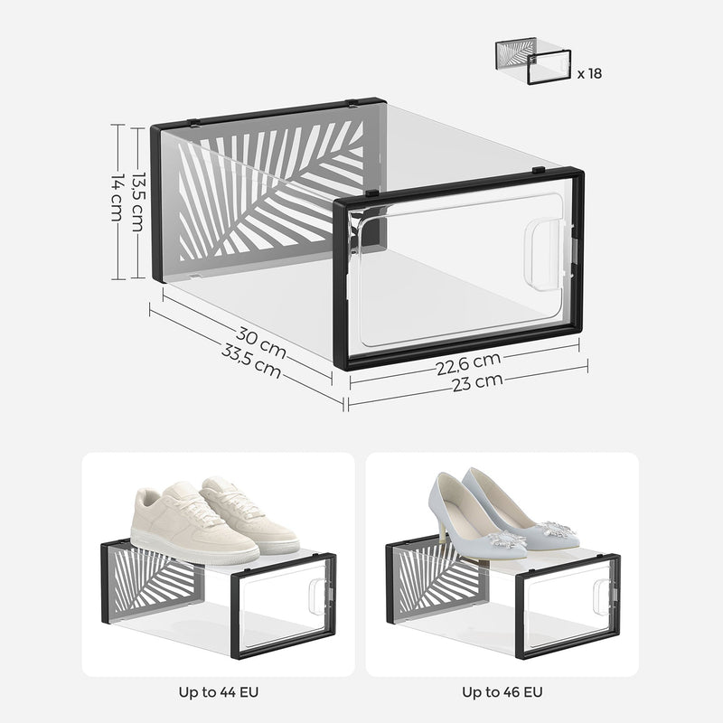 Ensemble de 18 boîtes à chaussures - pour les chaussures à la taille 44 - transparent / noir