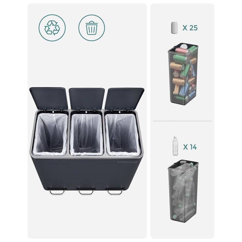 Skraldespand - køkkenaffaldsskib - affaldsseparationssystem - 3 x 18L - pedalbakke - med 3 rum - grå